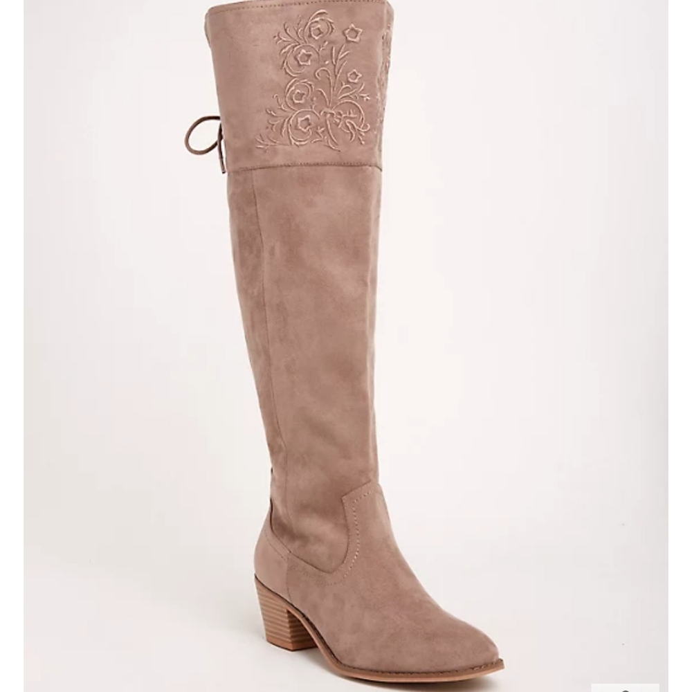 Black EMBROIDERED OVER-THE-KNEE HEEL BOOTS (WIDE WIDTH & WIDE CALF)
